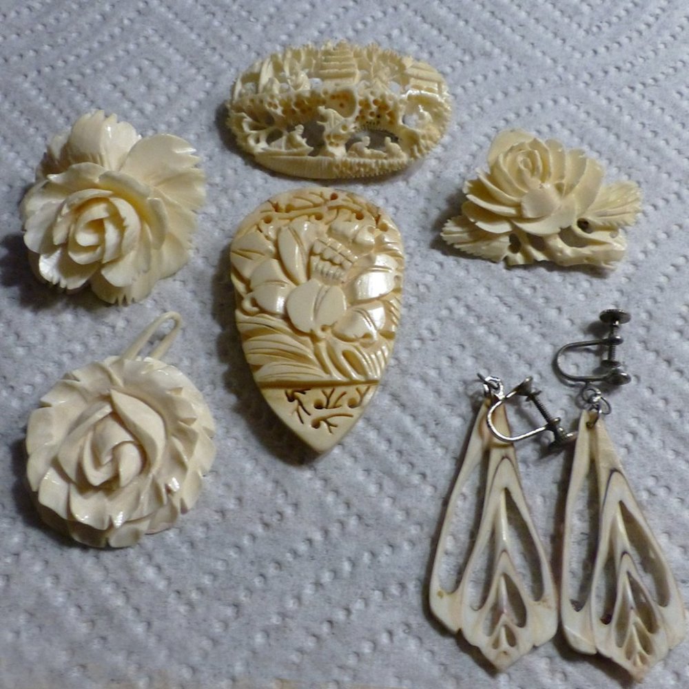6 Celluloid Molded Plastic Etc. - Brooches Dress Clip Pendant Earrings
